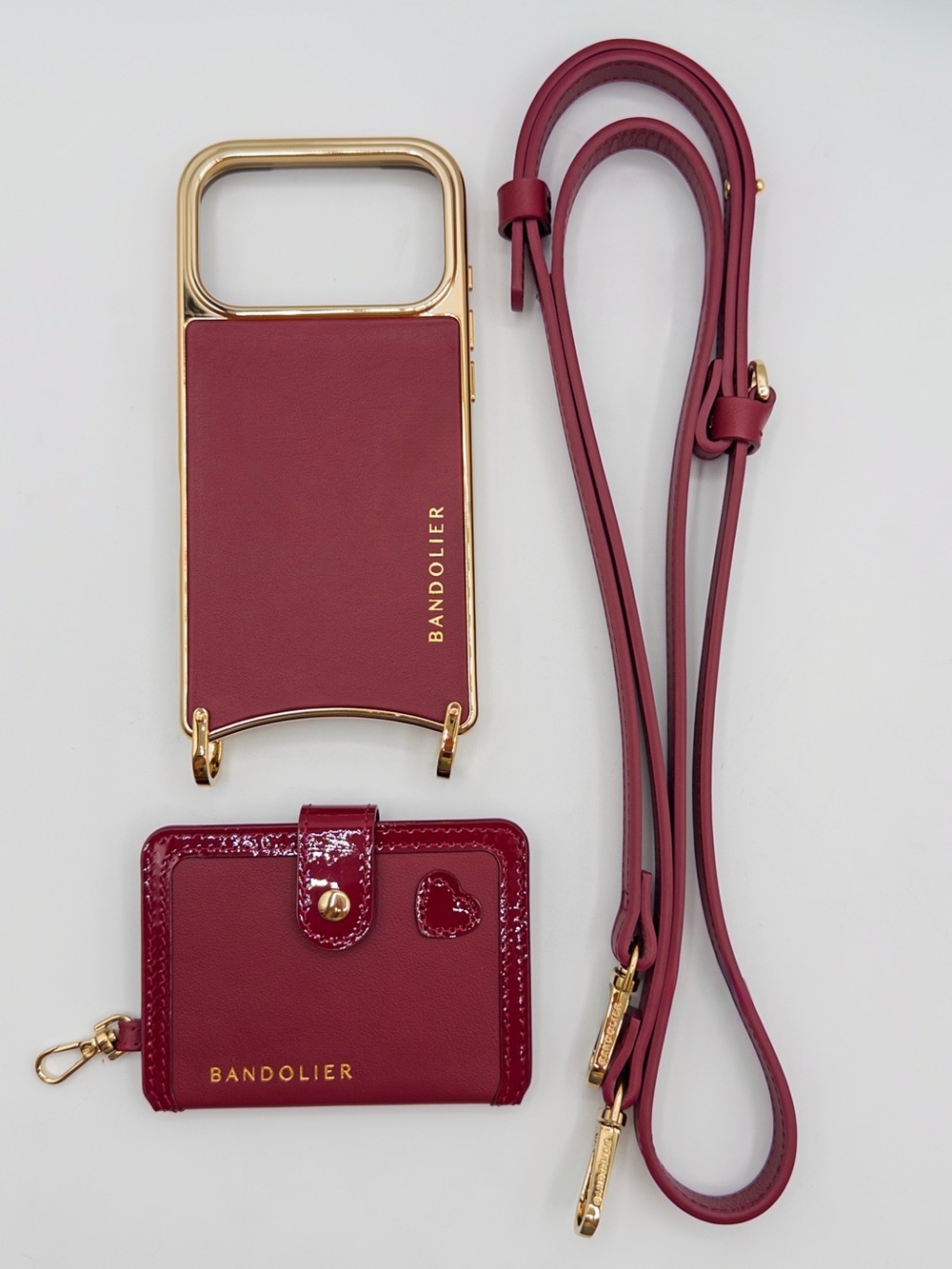 Bandolier Ivy Wallet Crossbody iPhone 17 Pro Case in Cranberry/Chrome Gold